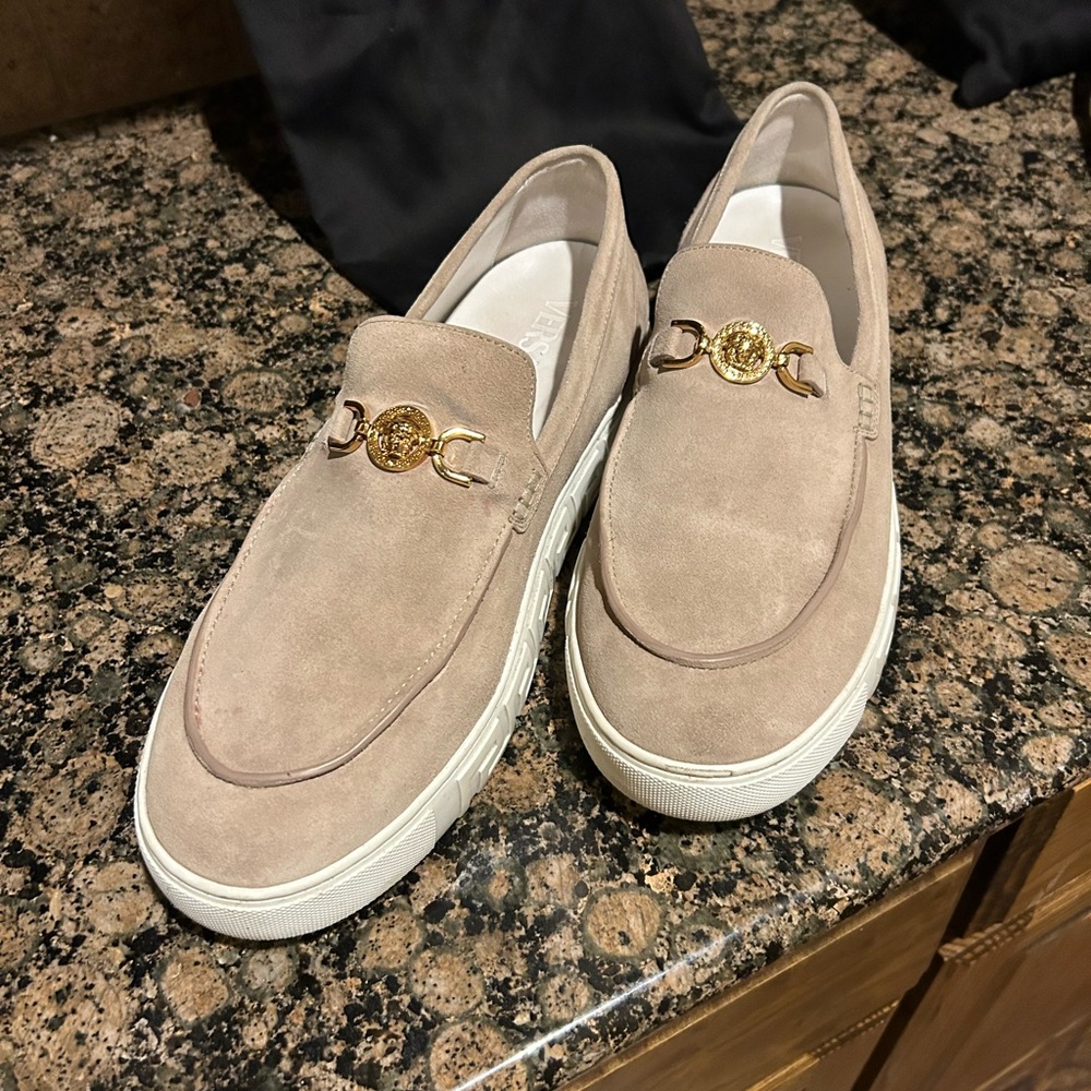 Versace Tan Suede Loafers with Gold Accent